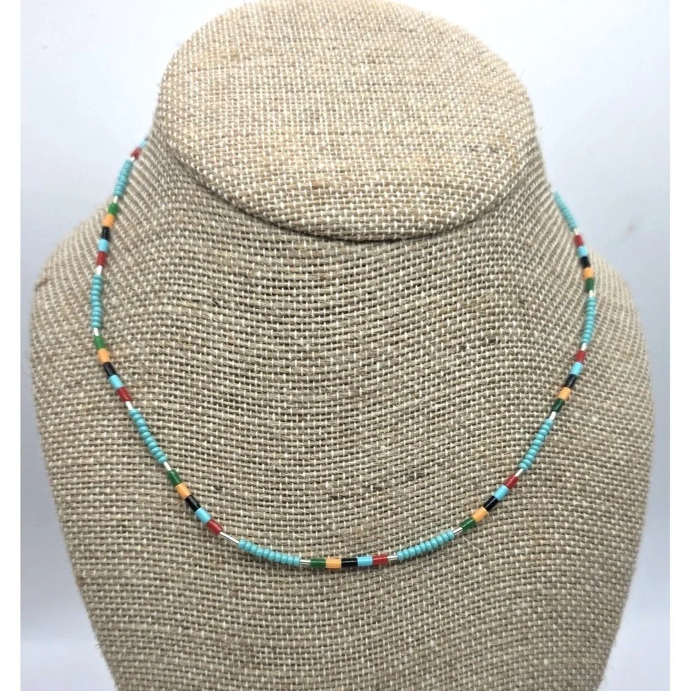 Sleeping Beauty Turquoise Heishi Liquid Silver Necklace Seed Bead Necklace 15.5